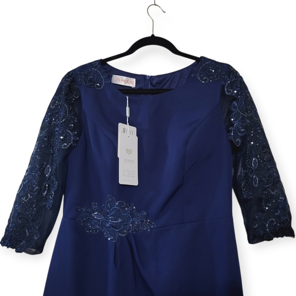 JJs House Navy Lace Sequin Sheath Dress Womens 12 Wedding Guest Midi NEW - Picture 2 of 8